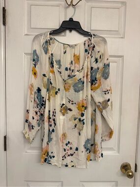 Lucky Brand Cream Floral Peasant Blouse with Blue and Mustard Accents